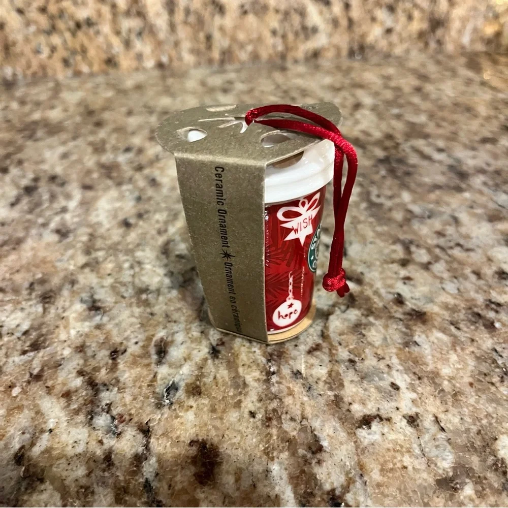 NWT Starbucks Red Ceramic Joy Holiday Christmas Tree Ornament Coffee Gift